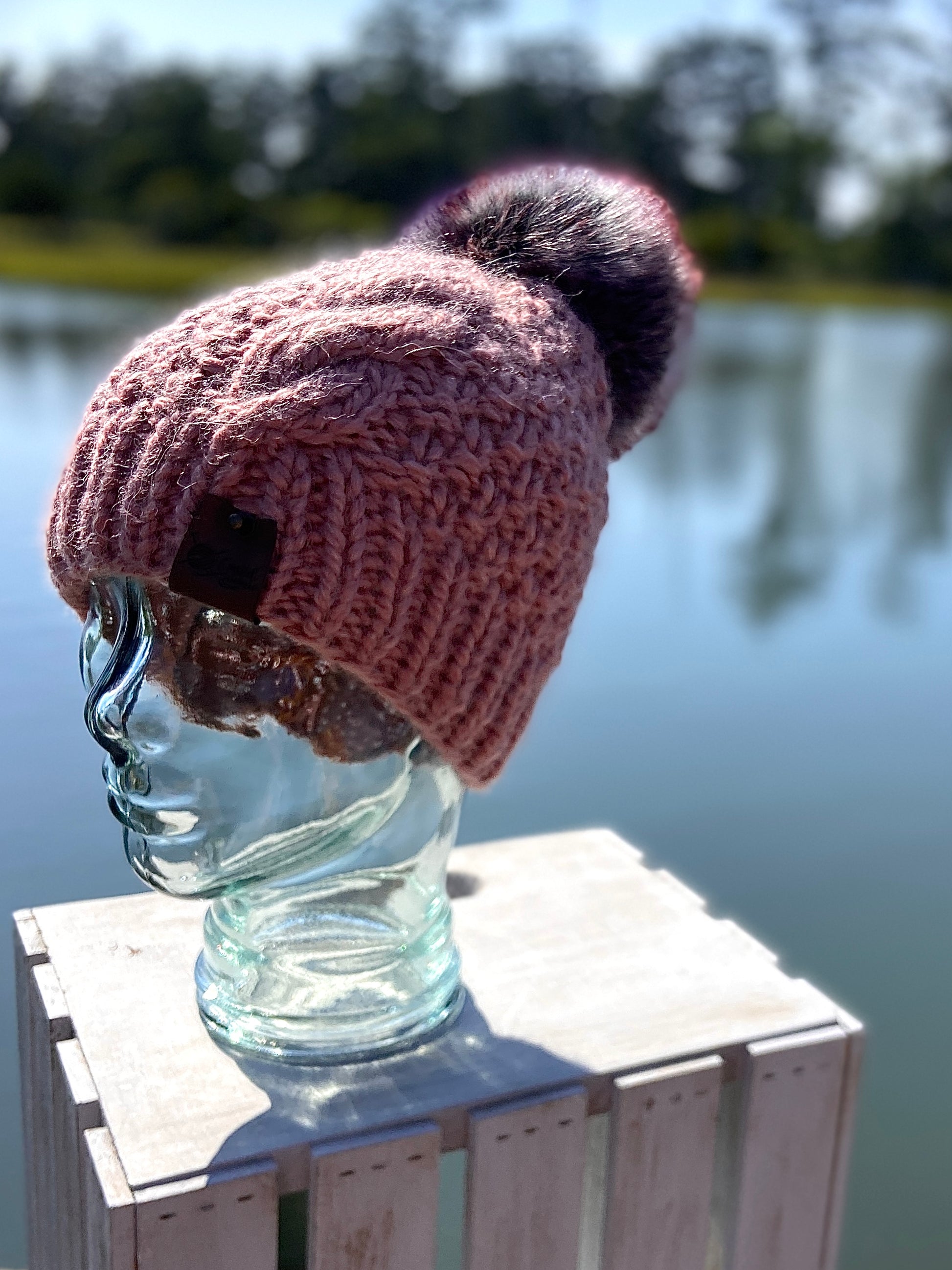 Mauve Colored Hand Knit Beanie Faux Fur Pom