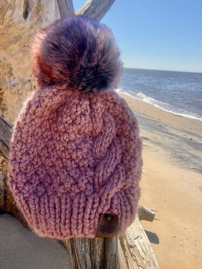 Mauve Colored Hand Knit Beanie Faux Fur Pom