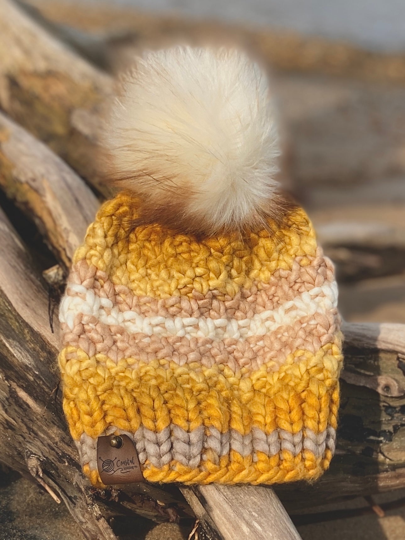 Gold Cream Colored Hand Knit Beanie Faux Fur Pom