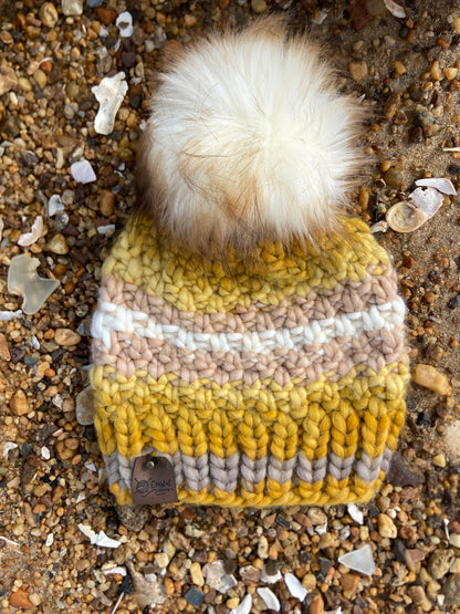 Gold Cream Colored Hand Knit Beanie Faux Fur Pom