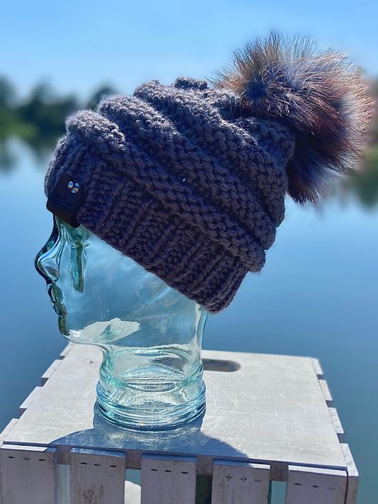 Blue-Gray Colored Hand Knit Beanie Faux Fur Pom