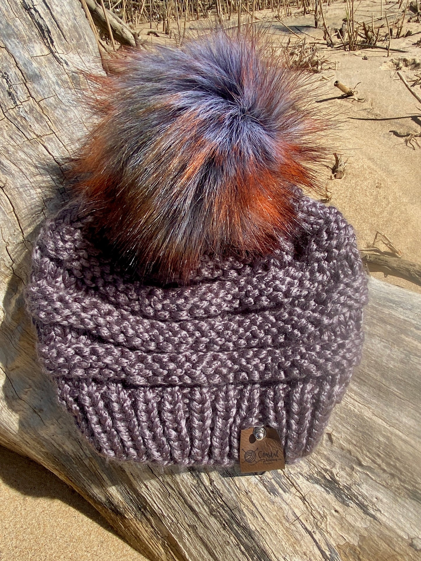 Blue-Gray Colored Hand Knit Beanie Faux Fur Pom