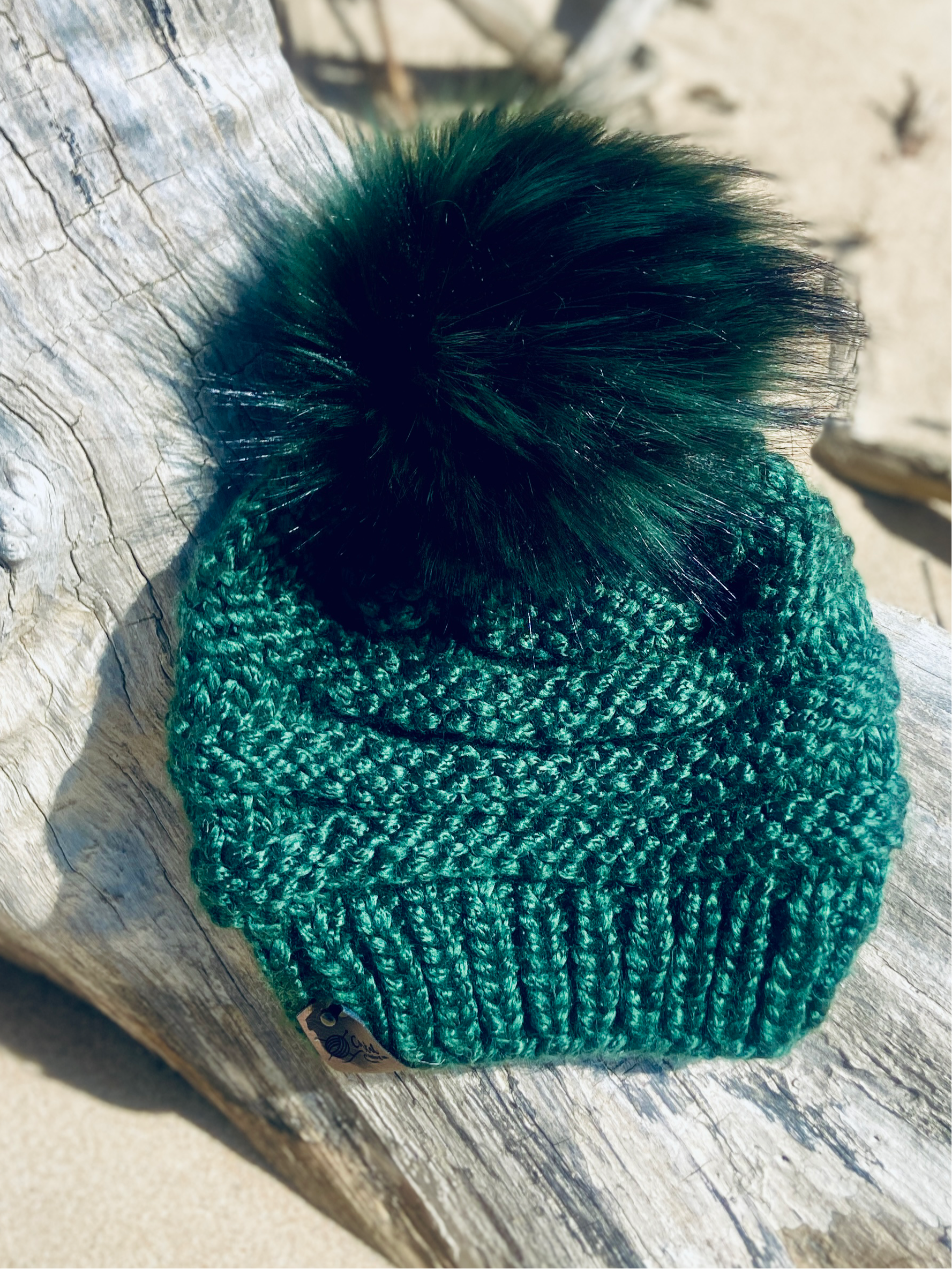 Evergreen Colored Hand Knit Beanie Faux Fur Pom