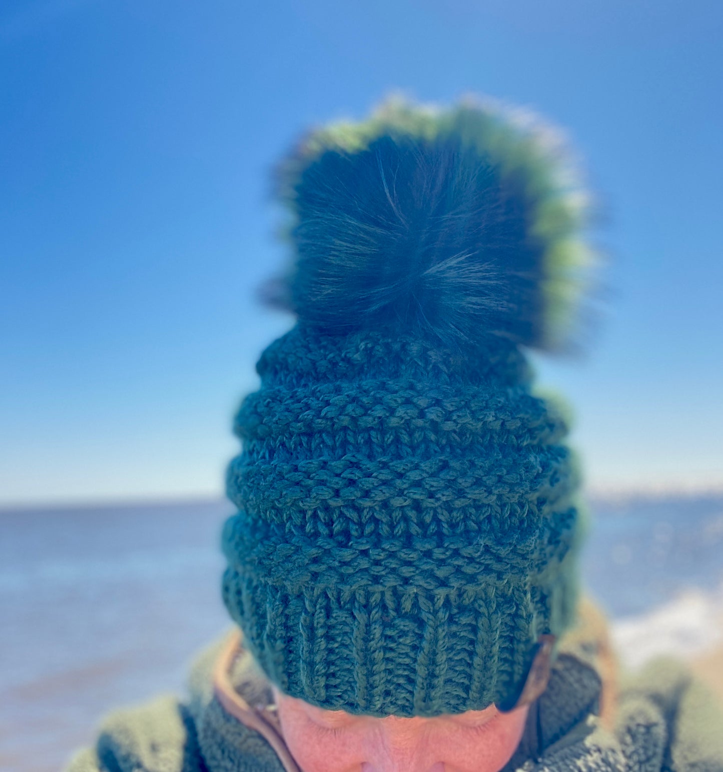 Hand Knit Beanie Faux Fur Pom