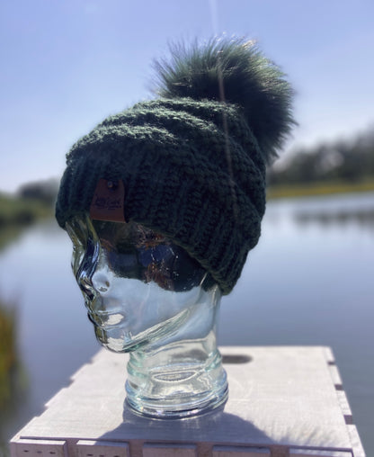 Evergreen Colored Hand Knit Beanie Faux Fur Pom