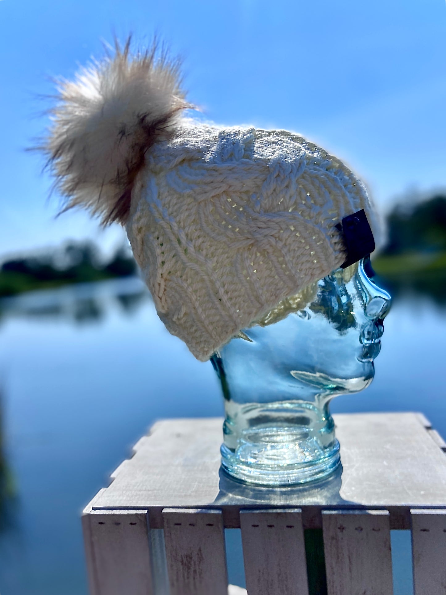 Cream Colored Cable Knit Beanie Faux Fur Pom