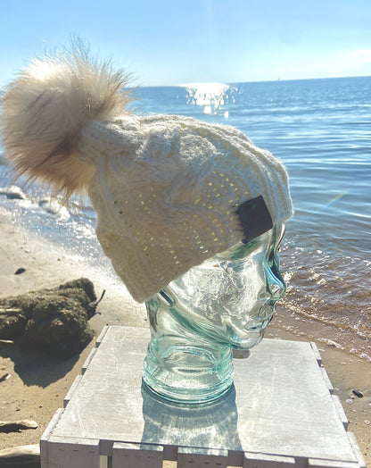 Cream Colored Cable Knit Beanie Faux Fur Pom