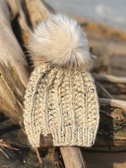 Oatmeal Hand Knit Beanie Faux Fur Pom