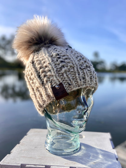 Oatmeal Hand Knit Beanie Faux Fur Pom