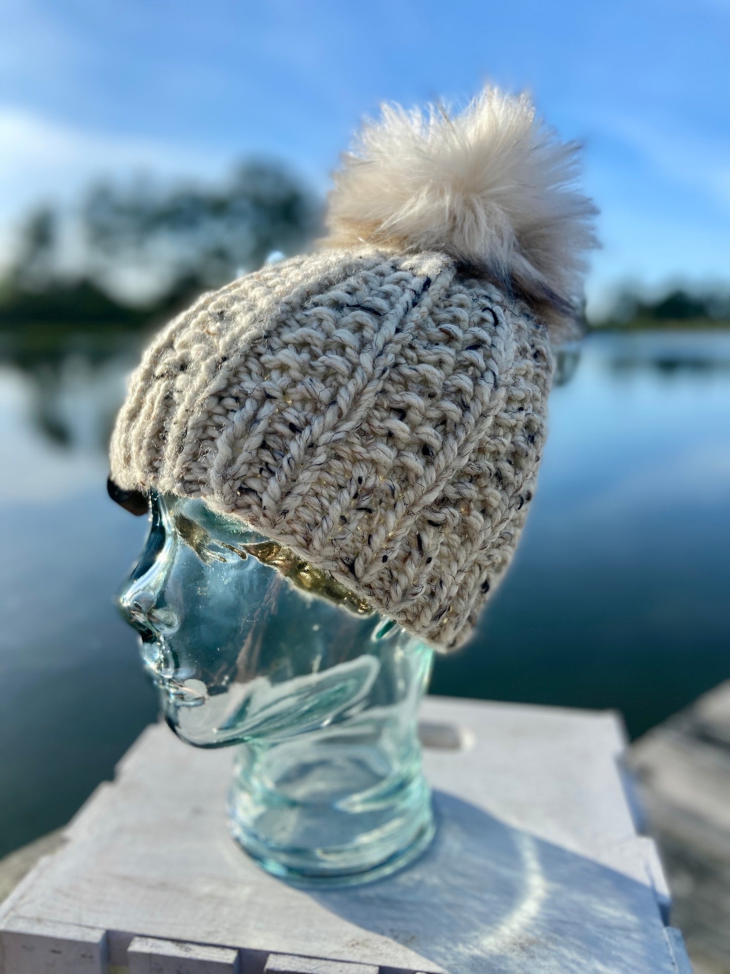 Oatmeal Hand Knit Beanie Faux Fur Pom