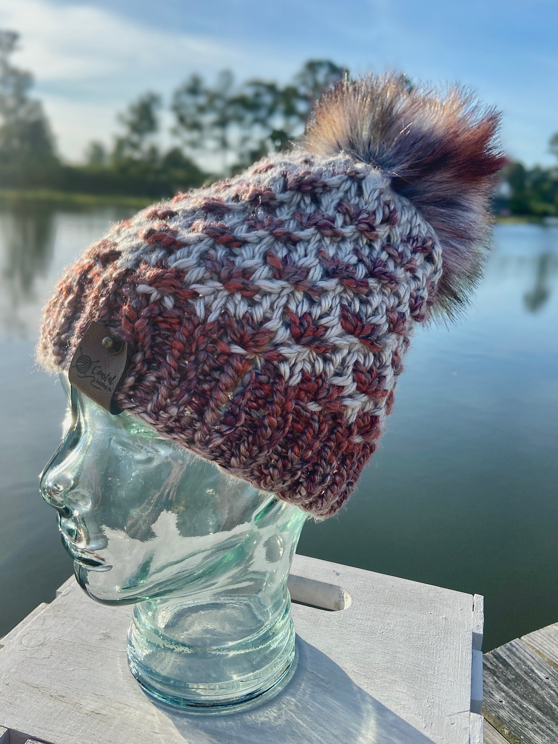 Mauve Multi-Colored Hand Knit Beanie Faux Fur Pom