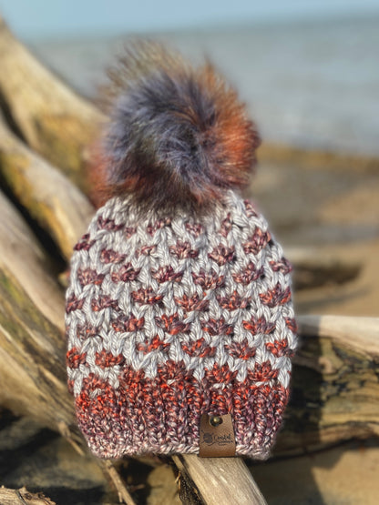 Mauve Multi-Colored Hand Knit Beanie Faux Fur Pom