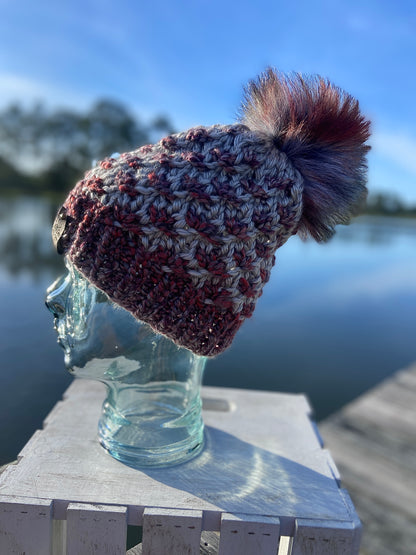 Mauve Multi-Colored Hand Knit Beanie Faux Fur Pom