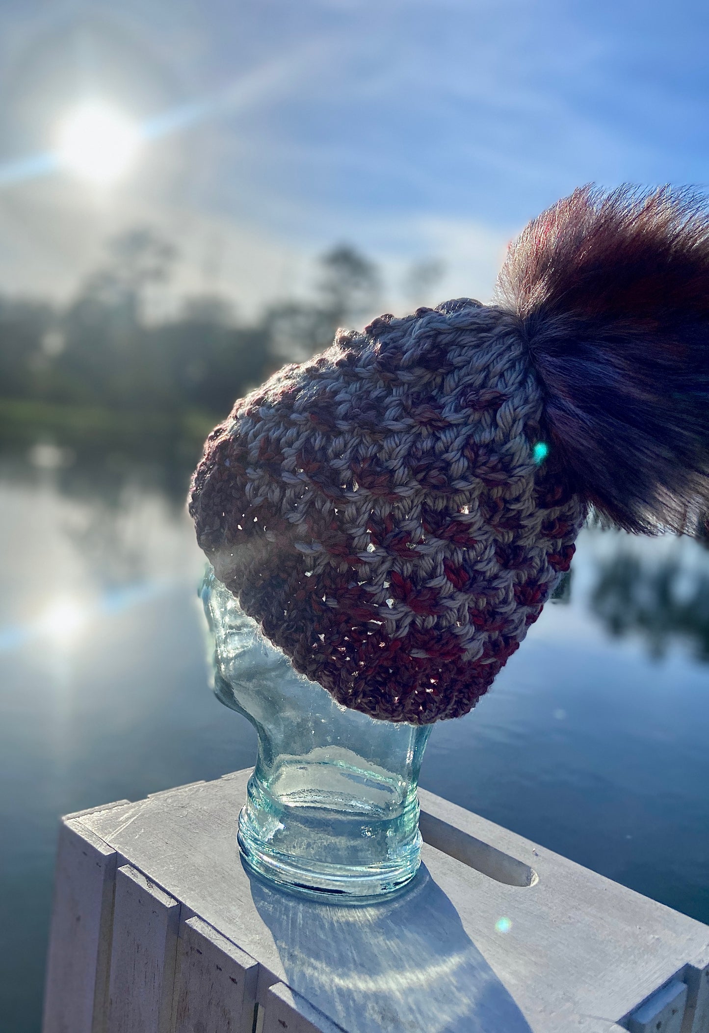 Mauve Multi-Colored Hand Knit Beanie Faux Fur Pom