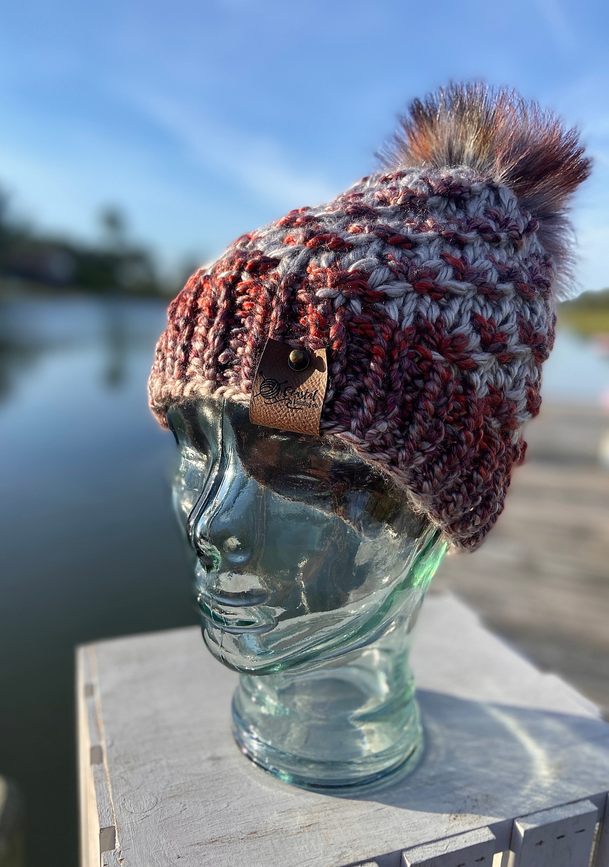 Mauve Multi-Colored Hand Knit Beanie Faux Fur Pom