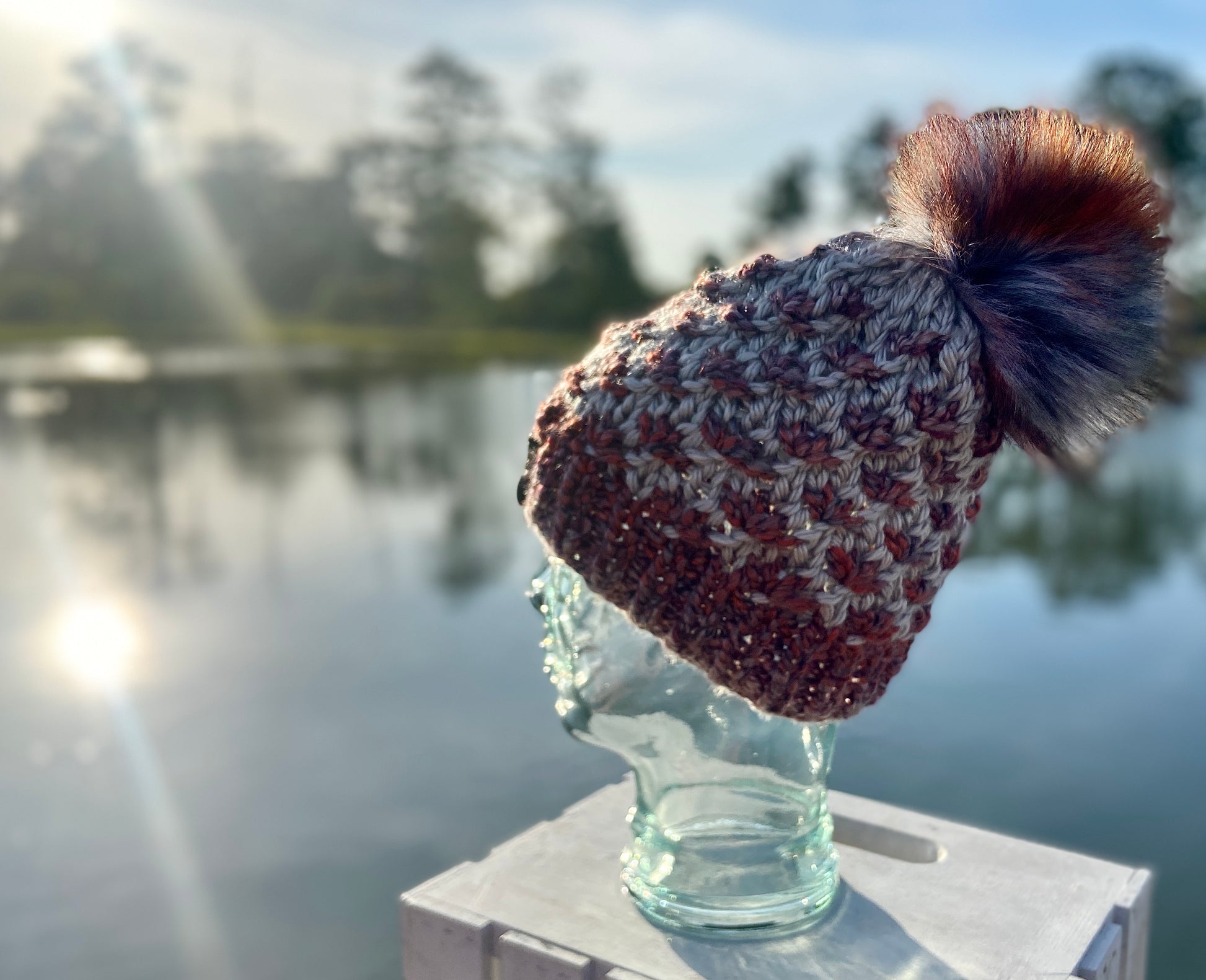 Mauve Multi-Colored Hand Knit Beanie Faux Fur Pom