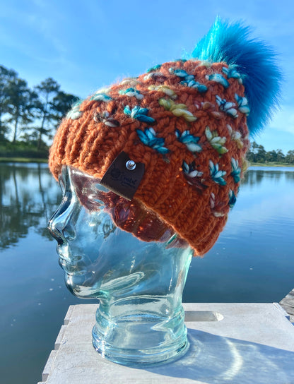 Orange Multi Lotus Flower Hand Knit Beanie Faux Fur Pom