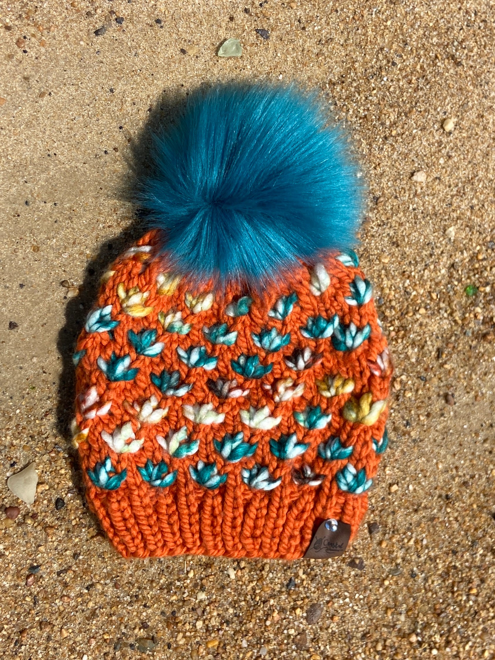 Orange Multi Lotus Flower Hand Knit Beanie Faux Fur Pom