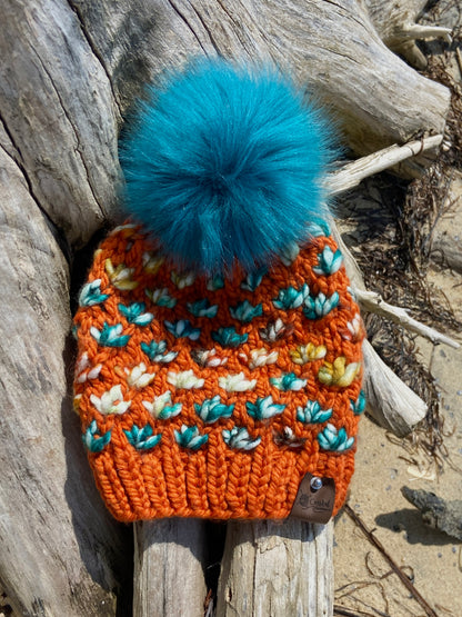 Orange Multi Lotus Flower Hand Knit Beanie Faux Fur Pom