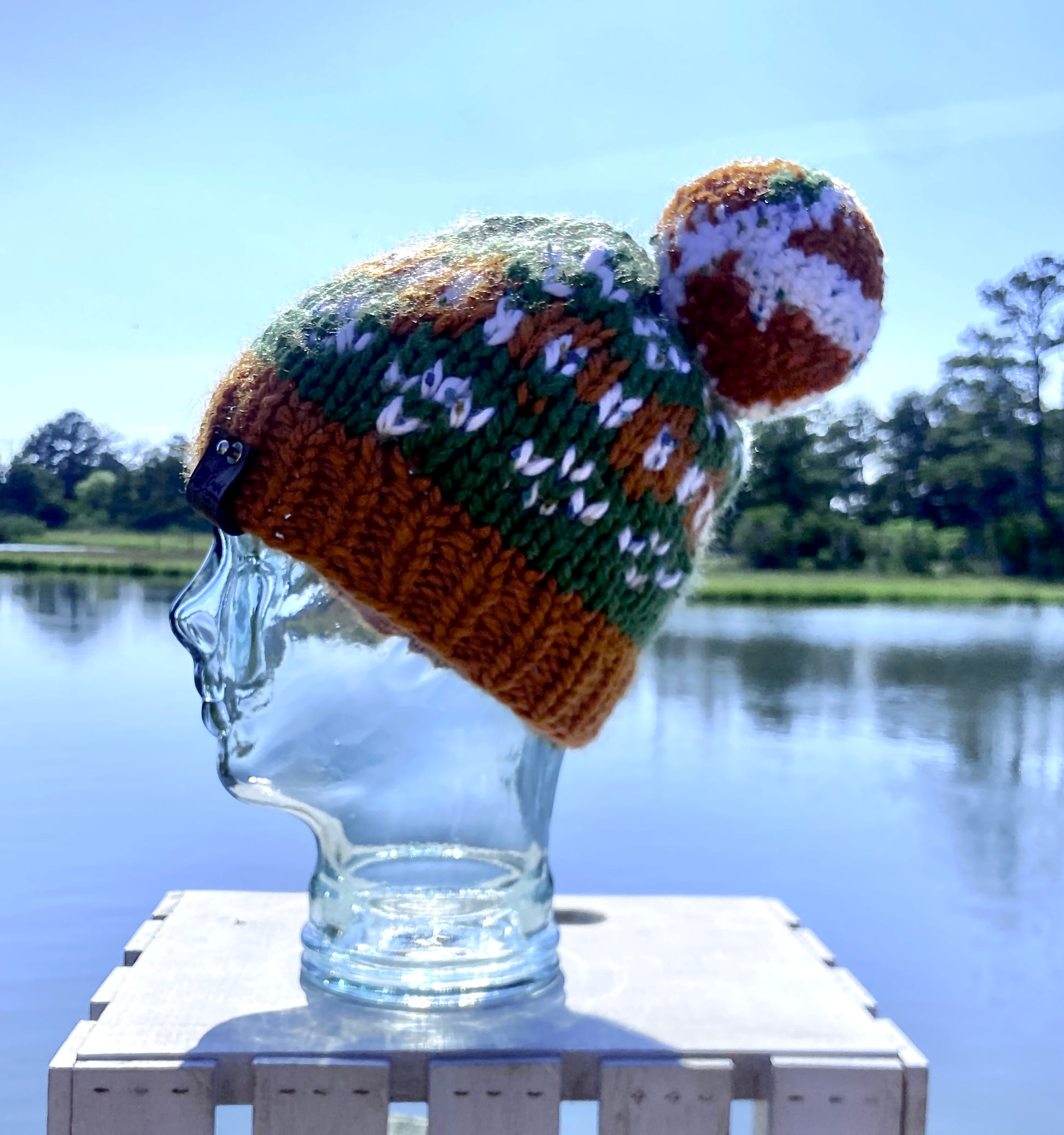 Green Gold Cream Lutsen Hand Knit Beanie Faux Fur Pom