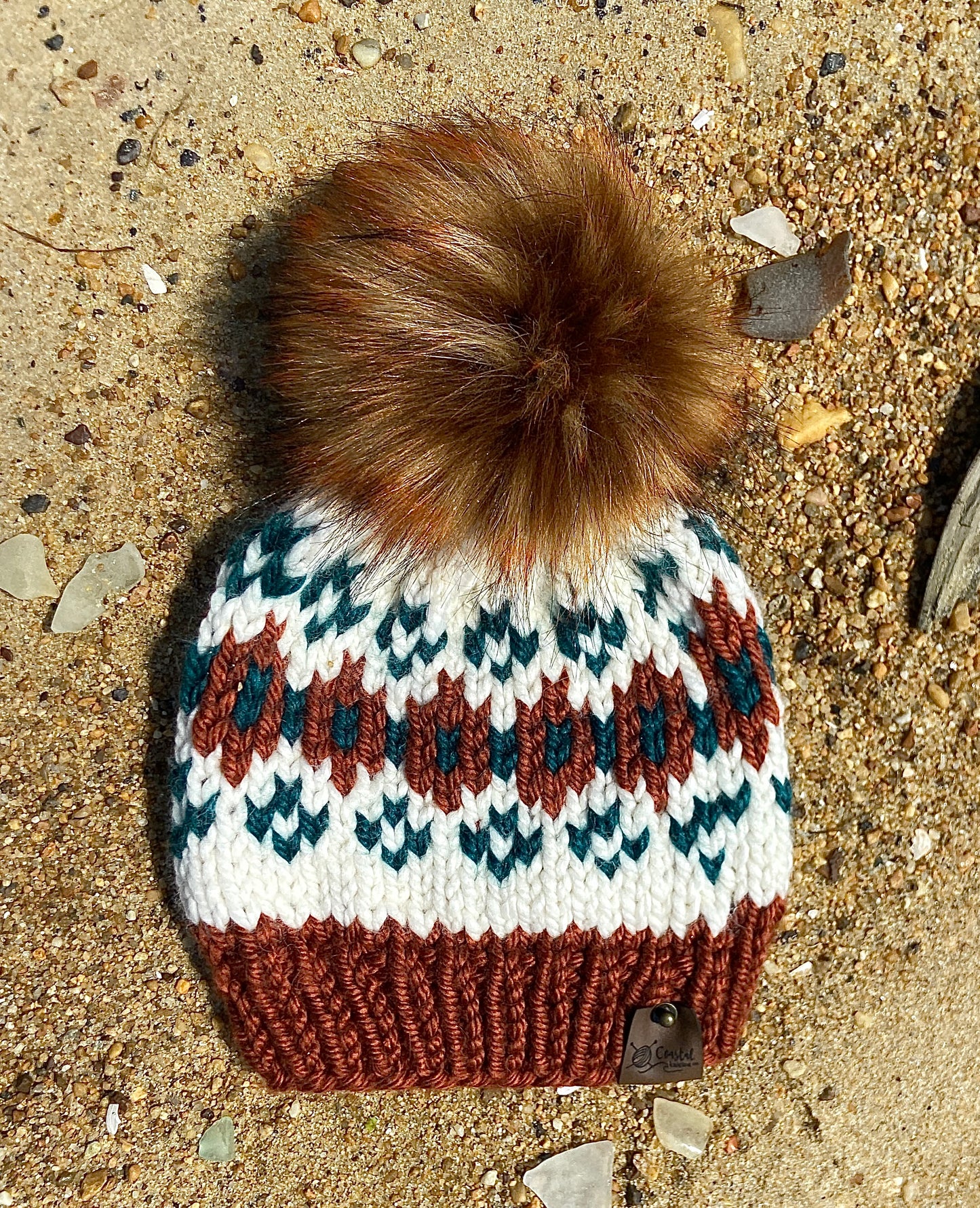 Rust Teal Cream Lutsen Hand Knit Beanie Faux Fur Pom