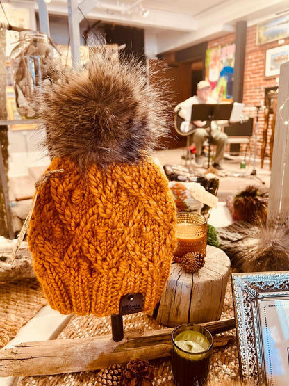 Butterscotch Mogul Beanie Hand Knit Beanie Faux Fur Pom