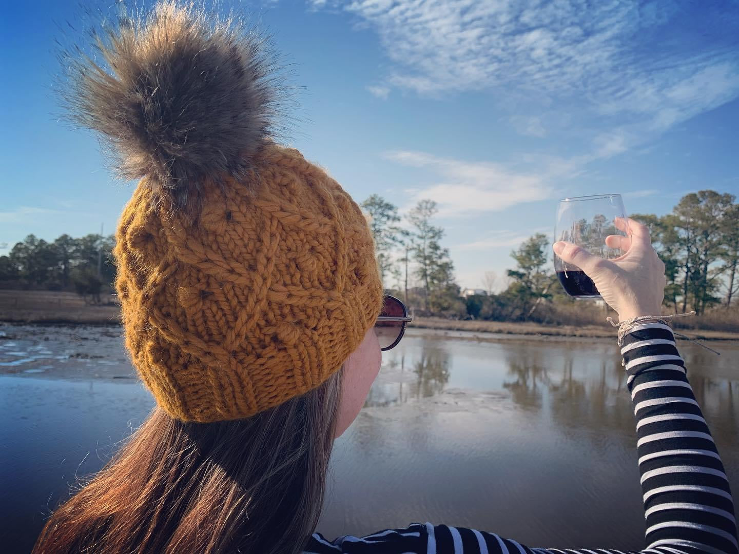 Butterscotch Mogul Beanie Hand Knit Beanie Faux Fur Pom