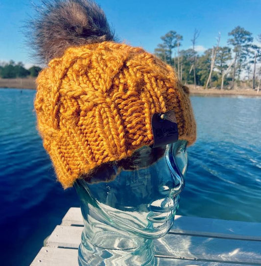 Butterscotch Mogul Beanie Hand Knit Beanie Faux Fur Pom