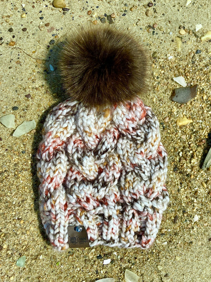 Monster Cables Beanie Hand Knit Beanie Faux Fur Pom Red Multi Color