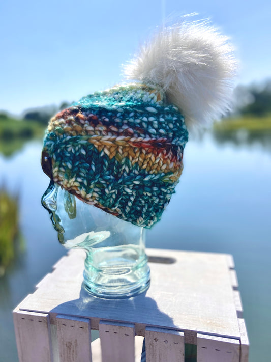 Sidewinder Beanie Hand Knit Beanie Faux Fur Pom Teal Multi Color Gold Orange