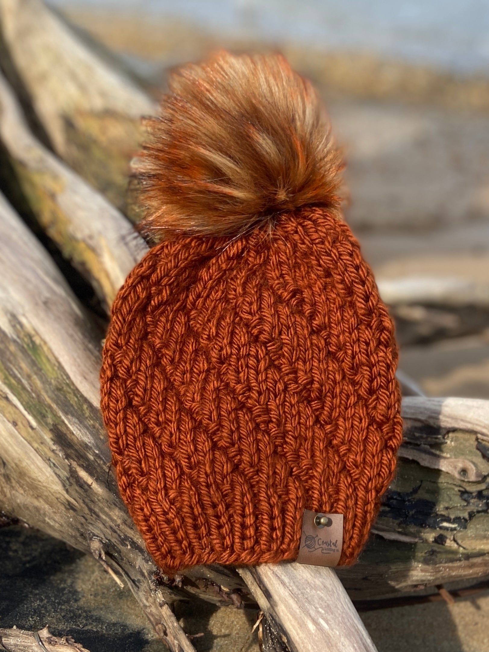 Smoky Mountain Beanie Hand Knit Beanie Faux Fur Pom Rust