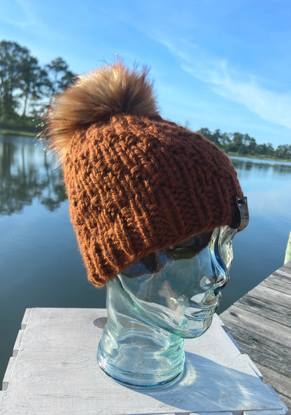 Smoky Mountain Beanie Hand Knit Beanie Faux Fur Pom Rust