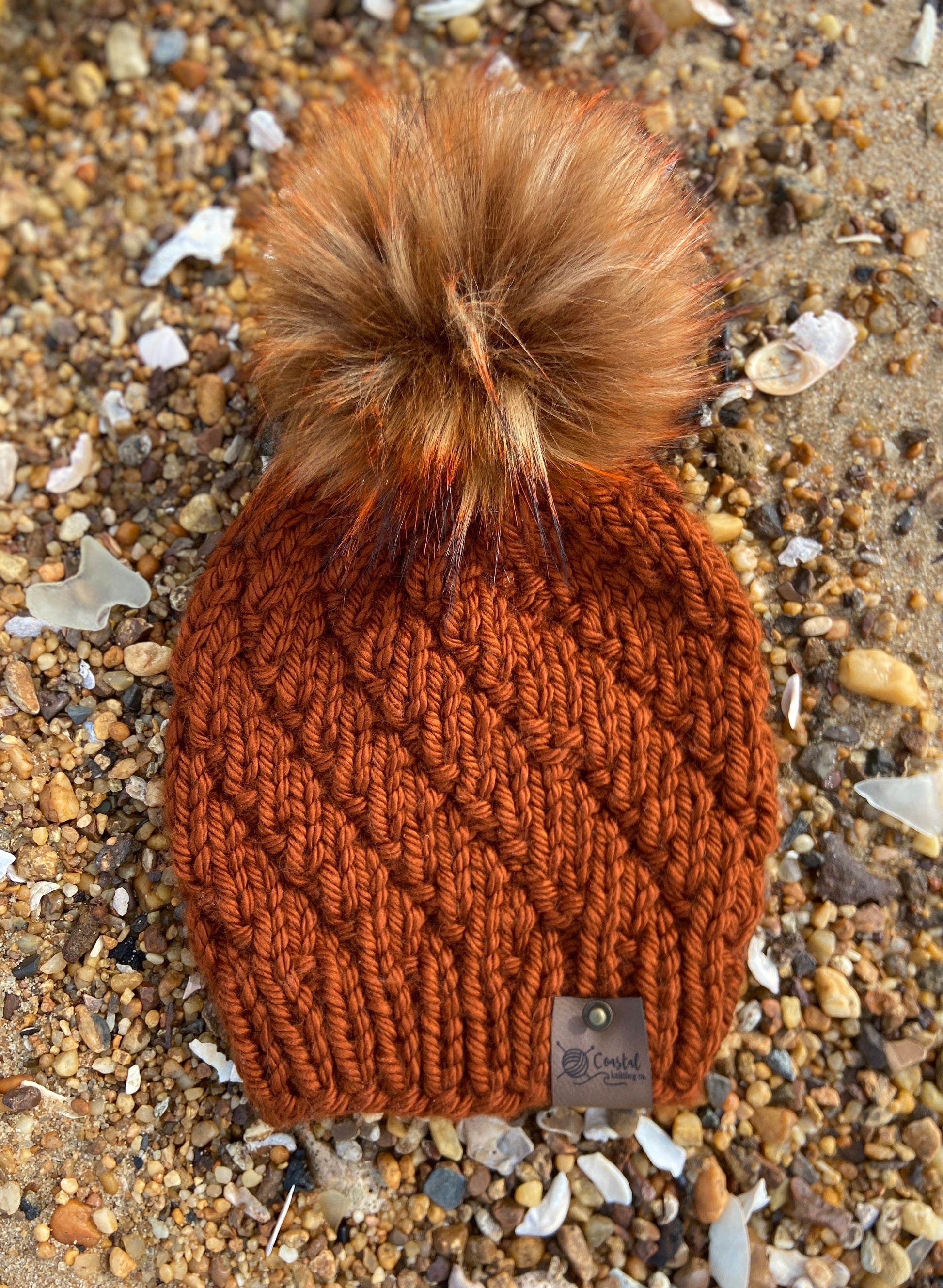 Smoky Mountain Beanie Hand Knit Beanie Faux Fur Pom Rust