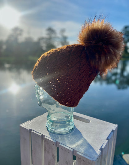 Smoky Mountain Beanie Hand Knit Beanie Faux Fur Pom Rust