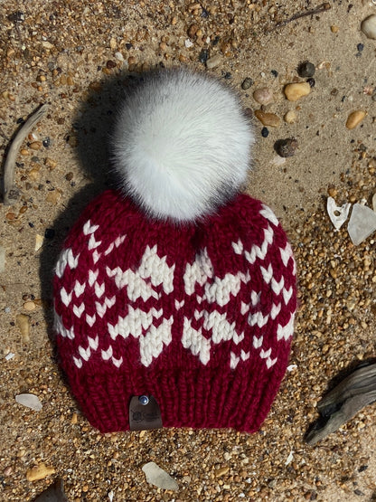 Snowflake Hat Cranberry Red Faux Fur Pom 