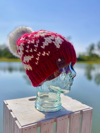 Snowflake Hat Cranberry Red Faux Fur Pom 