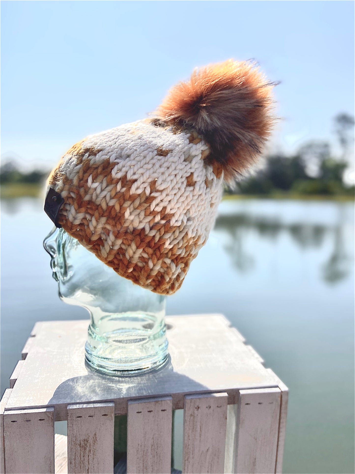 Winterfell Beanie Hand Knit Hand Crafted Cream Gold Faux Fur Pom