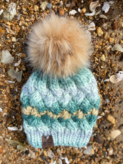 Yukon Slouch Beanie Hand Knit Beanie Faux Fur Pom Mint Green Cream