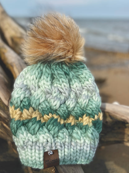 Yukon Slouch Beanie Hand Knit Beanie Faux Fur Pom Mint Green Cream