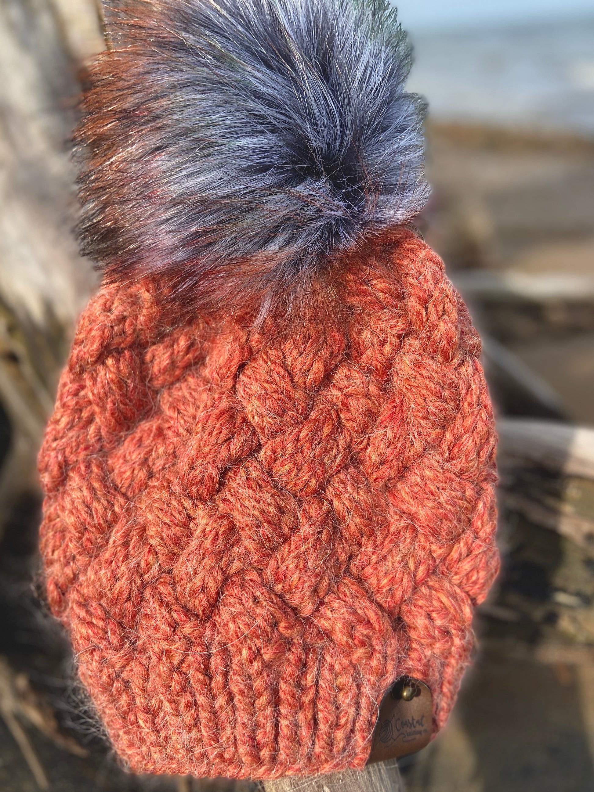 Yukon Slouch Beanie Hand Knit Hand Crafted Burnt Orange Faux Fur Pom