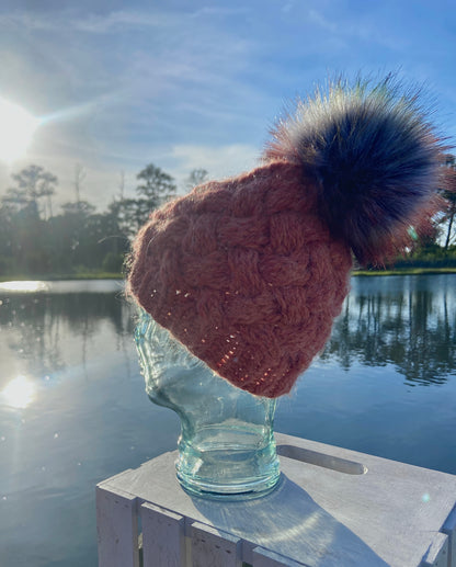 Yukon Slouch Beanie Hand Knit Hand Crafted Burnt Orange Faux Fur Pom