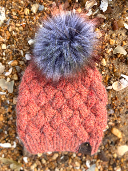 Yukon Slouch Beanie Hand Knit Hand Crafted Burnt Orange Faux Fur Pom