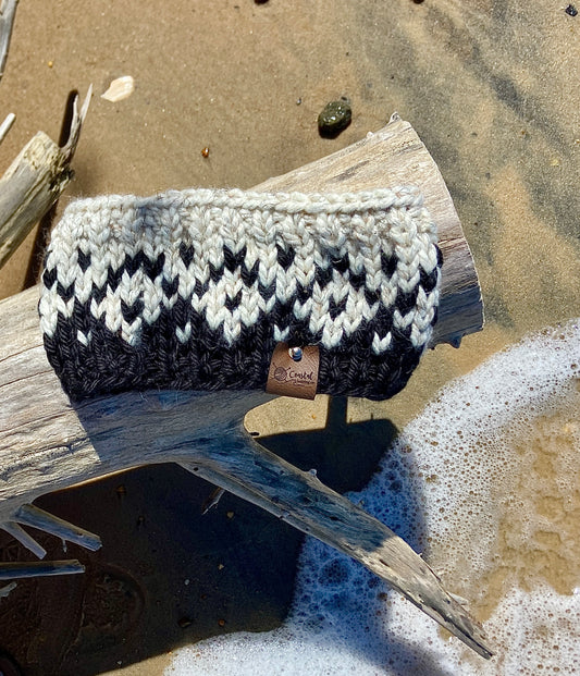 Hollow Rock Knit Headband Oatmeal Black Handmade Hand Knit